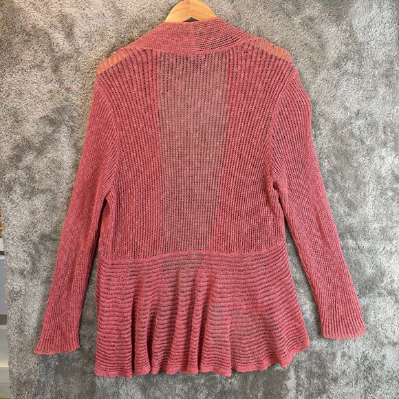 Eileen Fisher Airy Linen Grain Rib Knit Open Peplum Cardigan Sweater L Pink - Picture 2 of 8